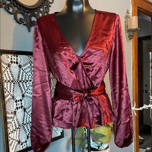 Elegant Burgundy Satin Wrap Blouse